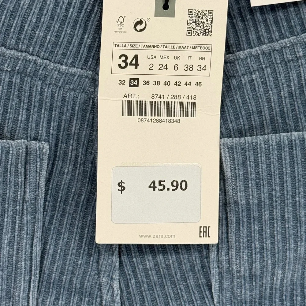 Zara Slim Flare Corduroy Pants Dusty Blue High Rise NWT Size 2 90s inspired